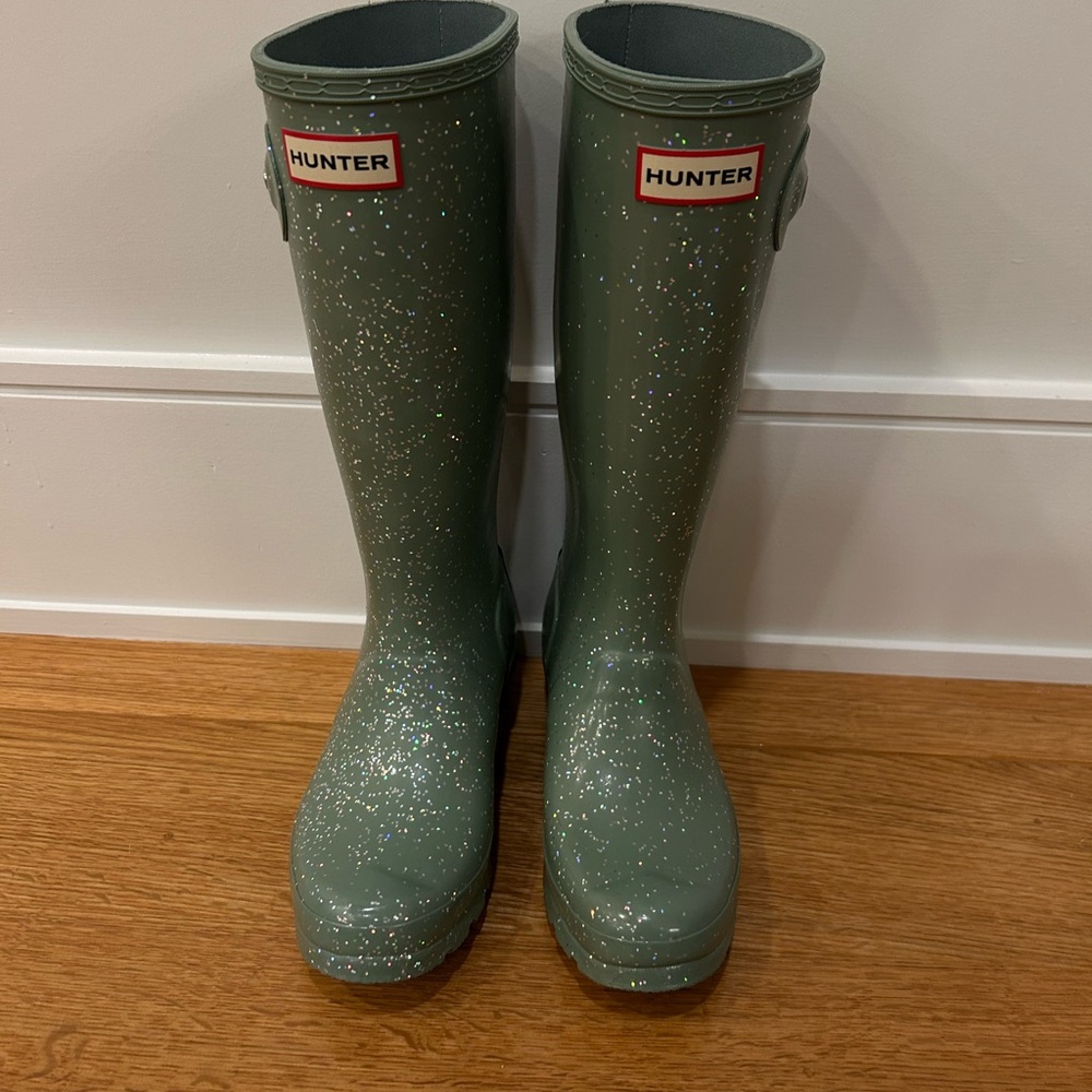 Hunter Sweet Gale Green Glitter Rain Boots like new